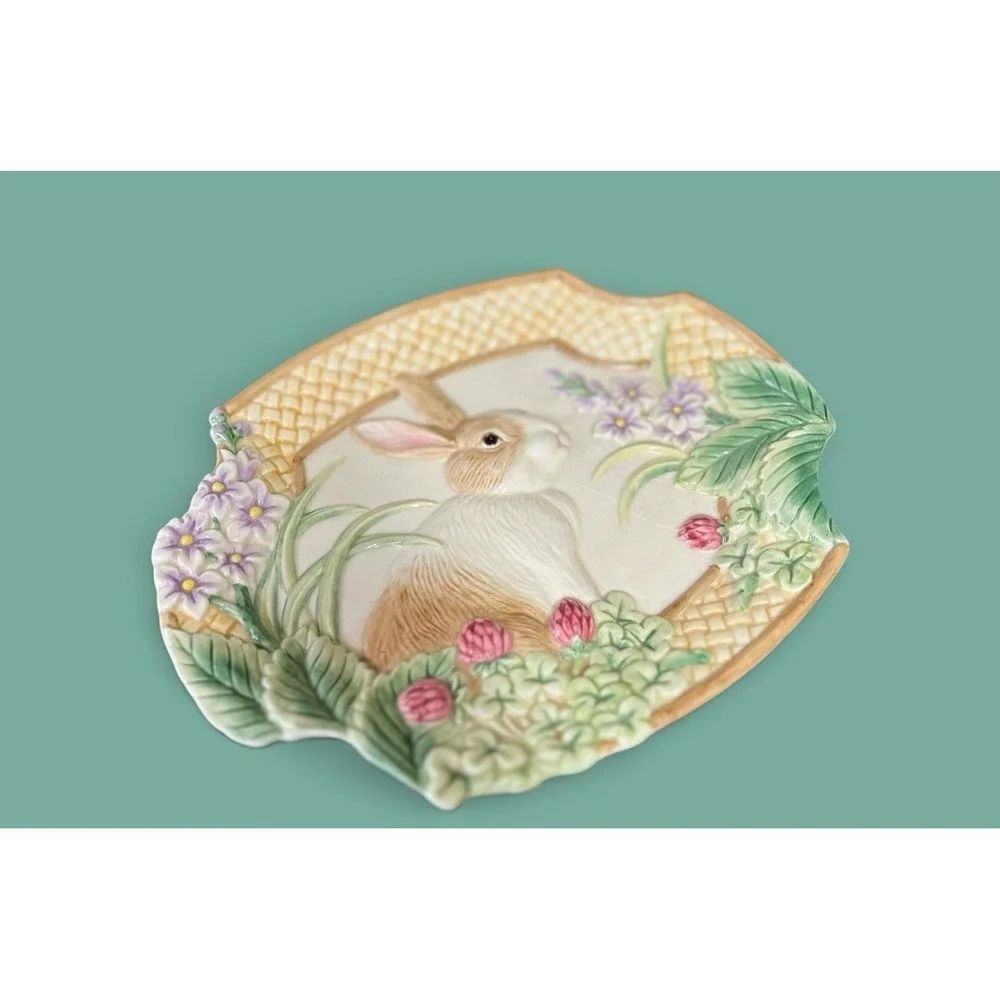 Fitz & Floyd Essentials Botanical Bunny Rabbit Canape Plate Dish Bowl Embossed